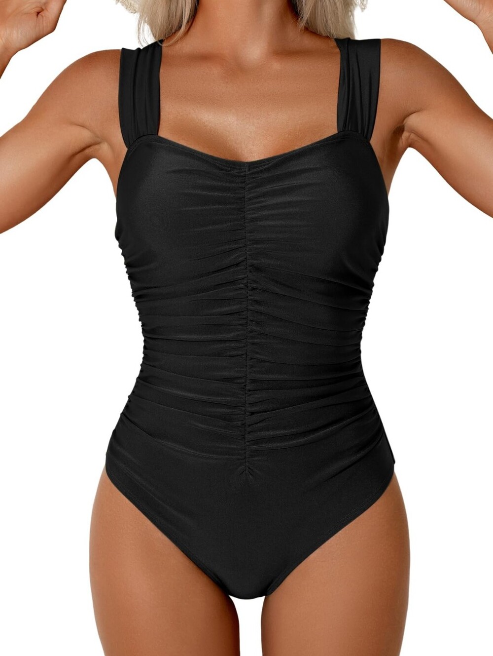 New Women’s Black Ruched One-Piece Tummy Control Flattering Coverage Swimsuit L